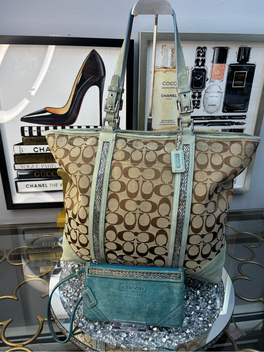 Coach 2005 vintage y2k Signature Gallery Beaded Tote w/ matching wallet GUC